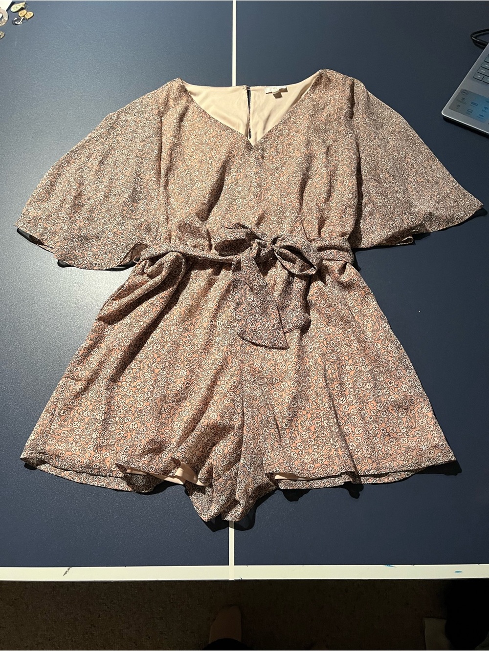 Charming Charlie Mauve Floral V-Neck Tie-Waist Romper